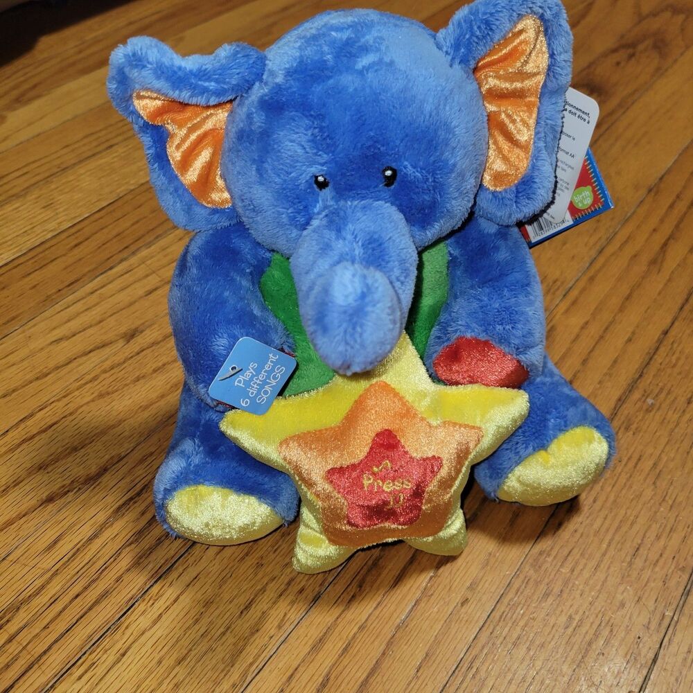 Vtg NEW Baby Gund Tutti Frutti Blue Star Rainbow Stuffed Plush Musical Elephant